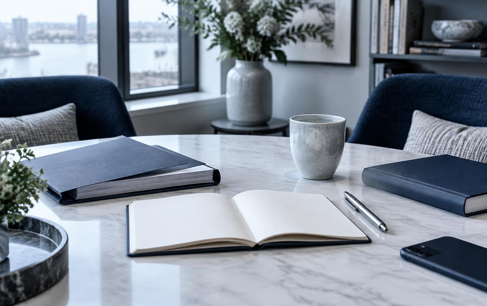 A quiet author consultation table with an open notebook and manuscript folder