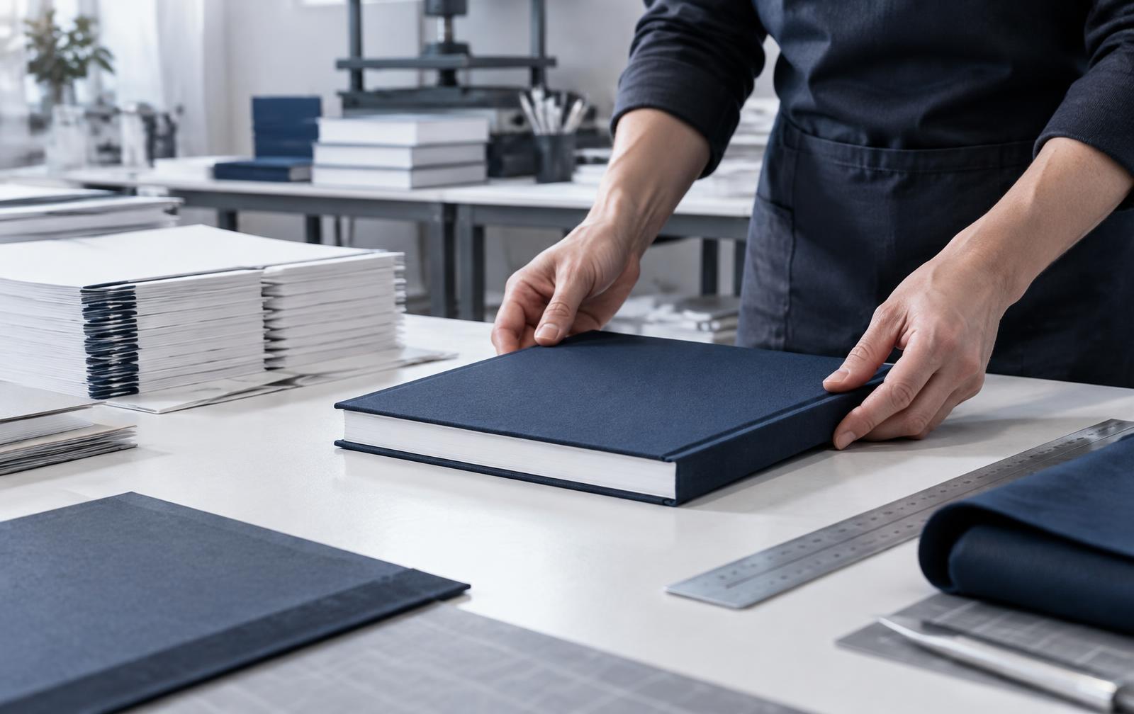 A finished navy hardcover being carefully prepared in a professional book studio