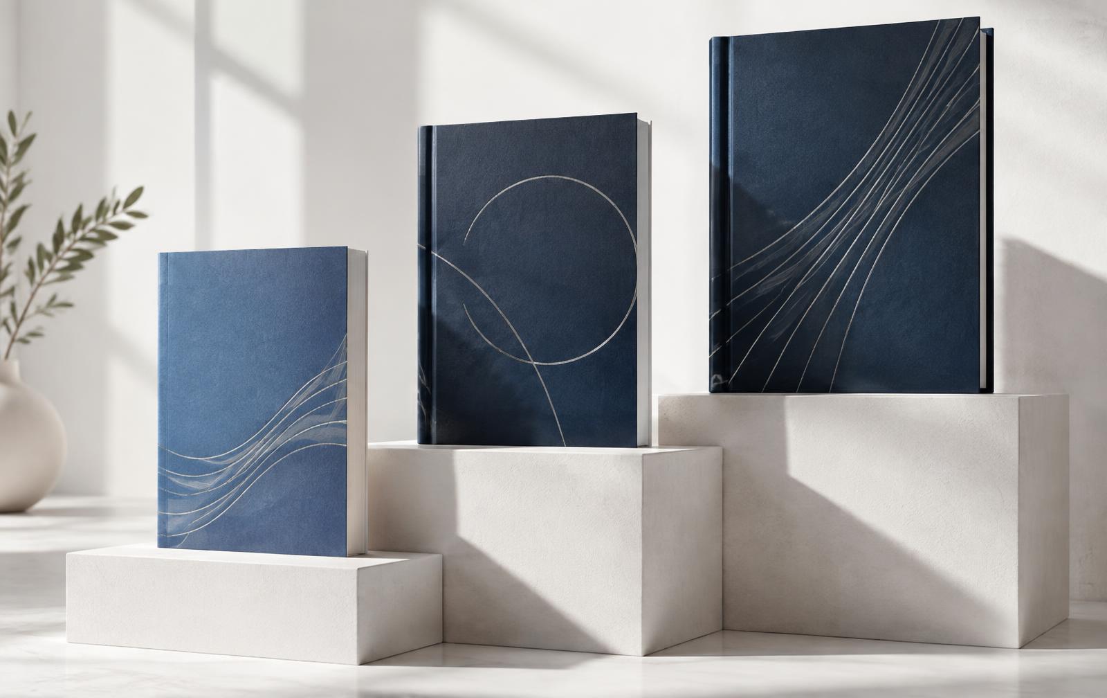 Three refined unbranded book editions representing different publishing support levels