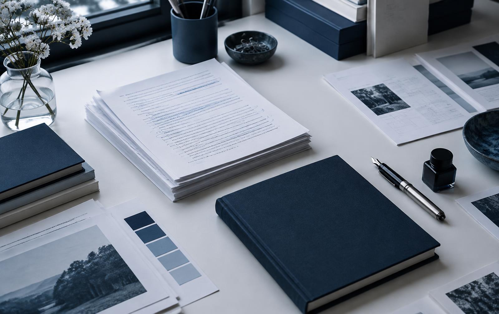 A professional publishing desk with manuscript pages, proofs, and a finished navy book